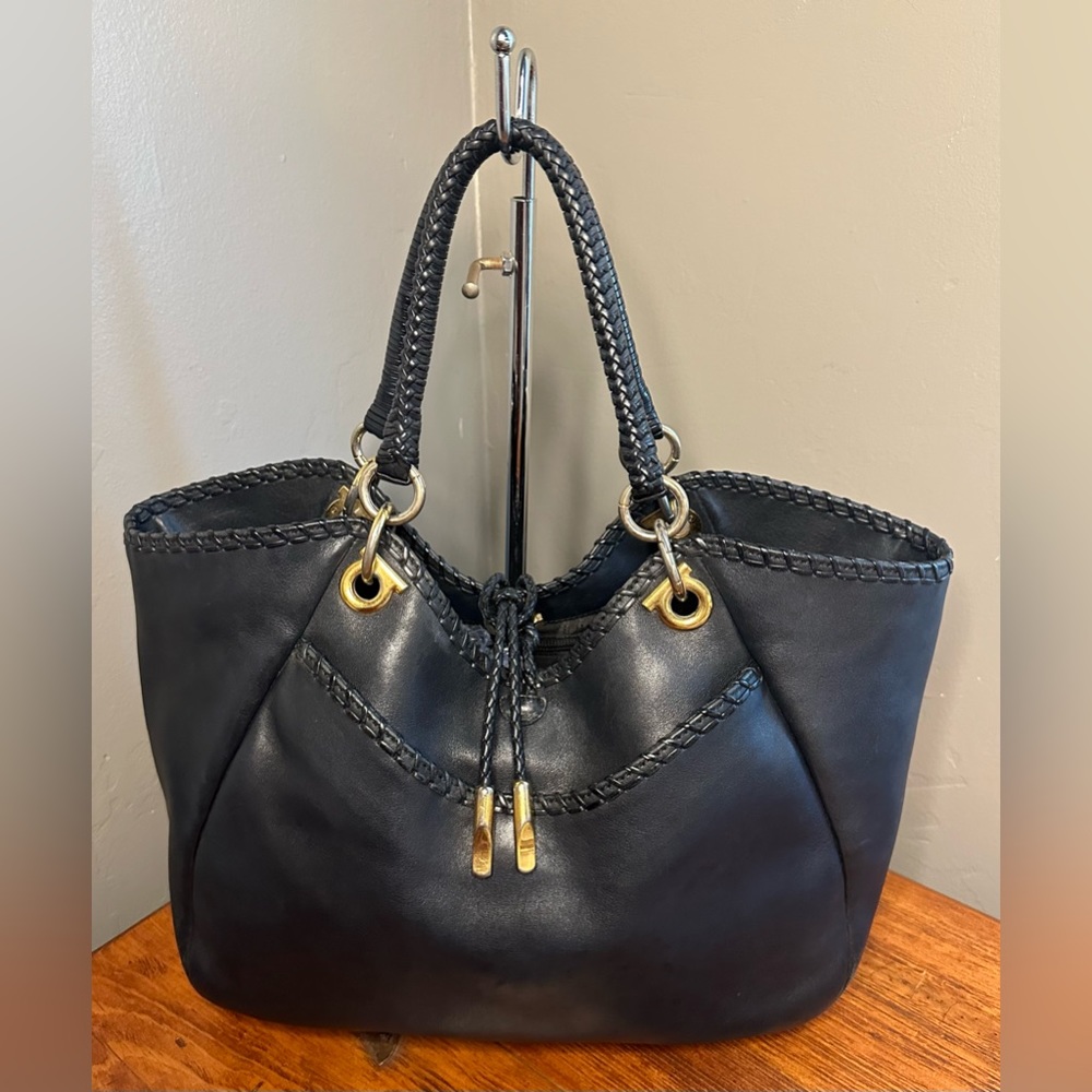 Authentic Salvatore Ferragamo Gancini Braided Blk Leather Shoulder Bag COA ~Read